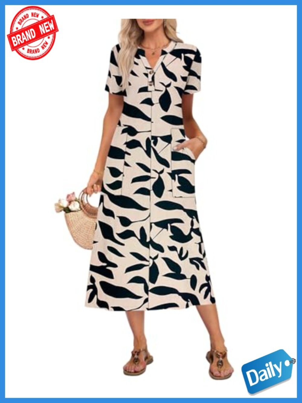 Women's Casual Maxi Dress V-Neck Short Sleeve Button Front with Pockets